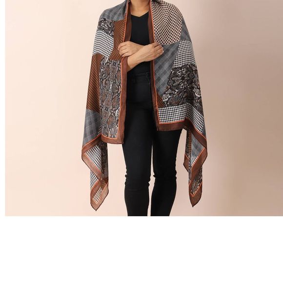 Splicing Multi Pattern Cotton & Linen Scarf (35 x 70) Brown - Picture 2 of 5